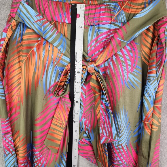 Womens Tropical Multicolor Leaf Print Wide-Leg Pants w/ Waist Tie Polyester L - Picture 5 of 9